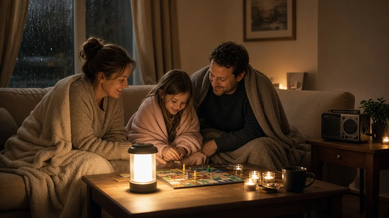 A family wrapped in blankets playing a board game by lantern light during a power cut
